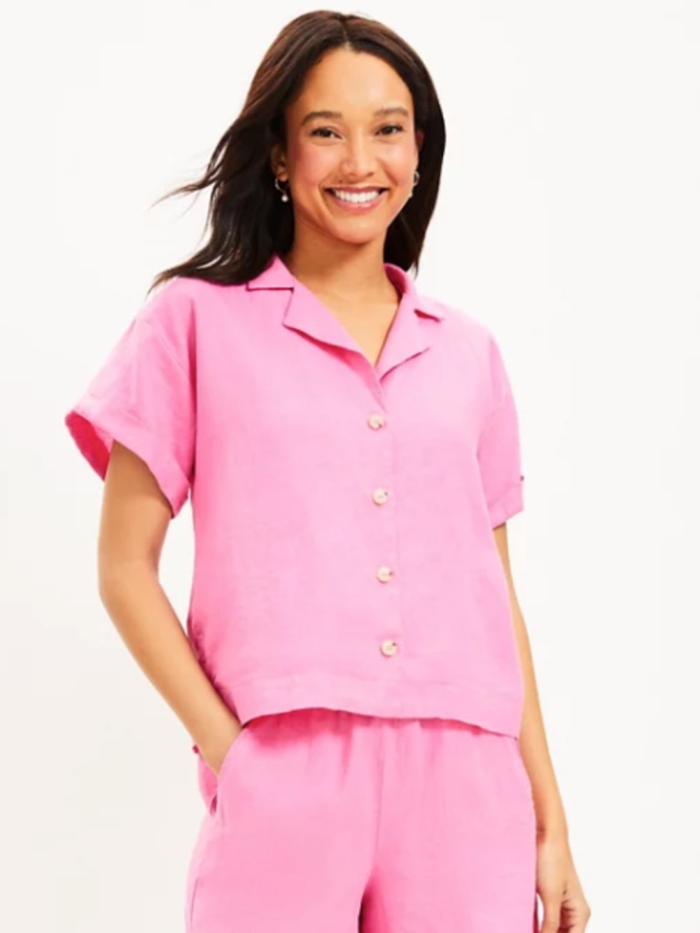 LOFT Pink Linen Short-Sleeve Button Front Blouse - Size M - Excellent Condition